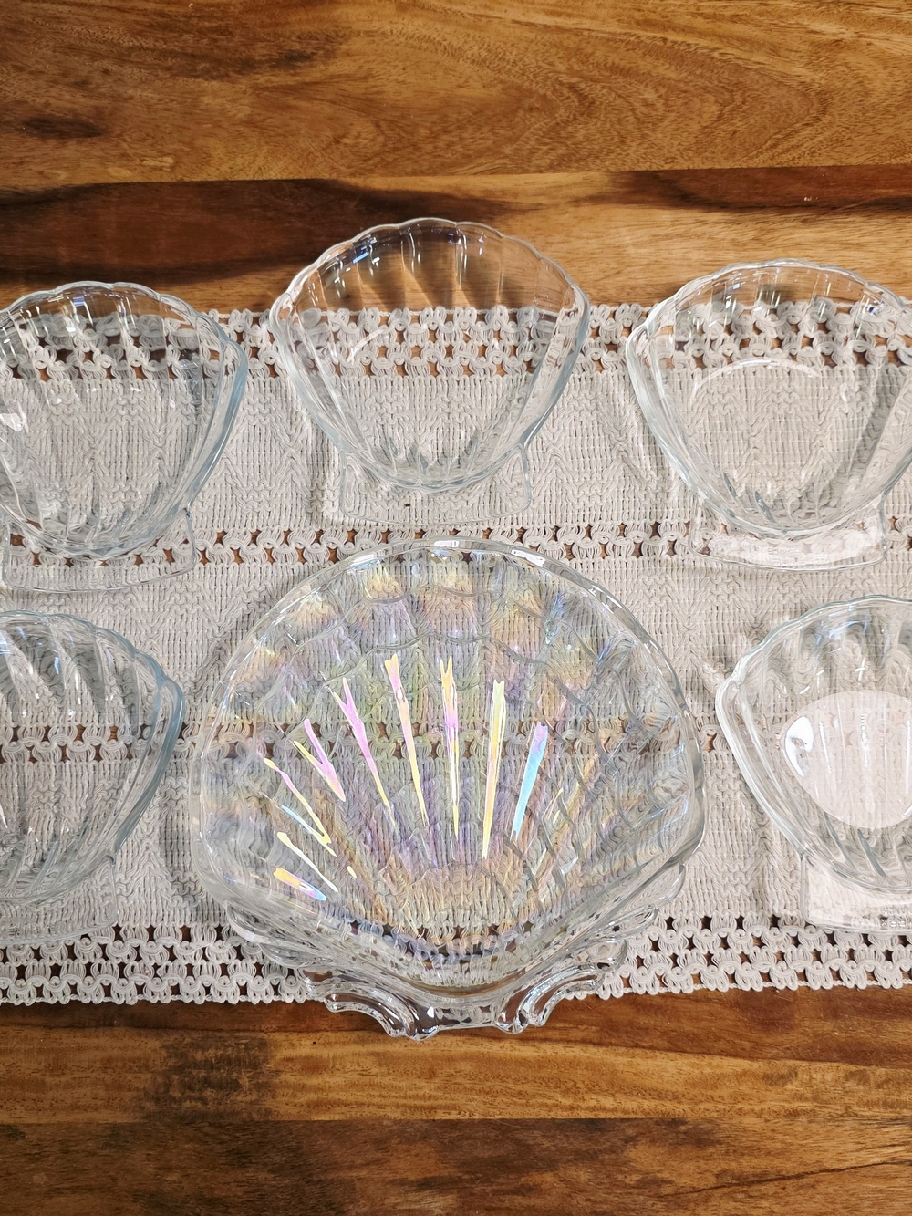 Vintage 1970s Shell Glass Serving Set, Iridescent Platter & Pyrex France